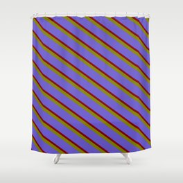 [ Thumbnail: Slate Blue, Maroon, and Green Colored Striped Pattern Shower Curtain ]