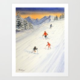 Skiing Family On The Slopes Art Print