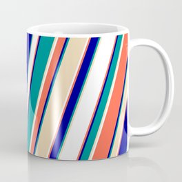 [ Thumbnail: Red, Dark Blue, Dark Cyan, Tan & White Colored Lined/Striped Pattern Coffee Mug ]