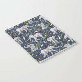 Baby Elephants and Egrets in Watercolor - navy blue Notebook