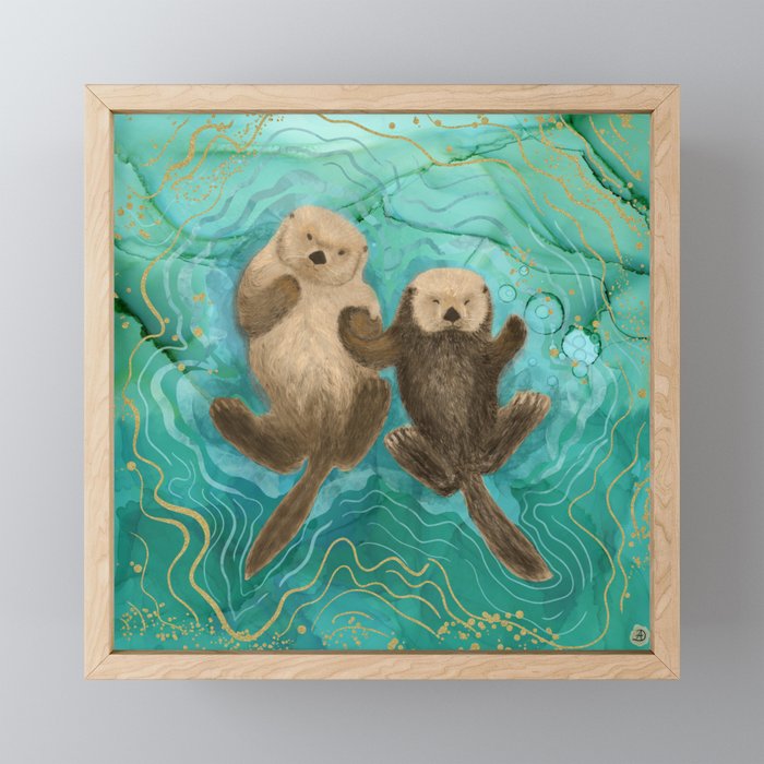 Otters Holding Paws, Floating in Emerald Waters Framed Mini Art Print