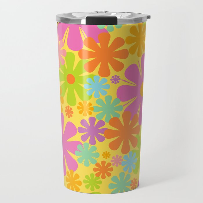 Retro Flowers 60s 70s Aesthetic Floral Pattern in Neon Pastel Pink Orange Yellow Chartreuse Lavender Travel Mug