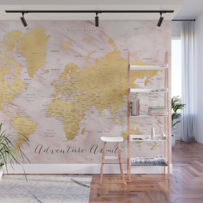 Adventure Awaits Gold And Pink Marble Detailed World Map Sherry