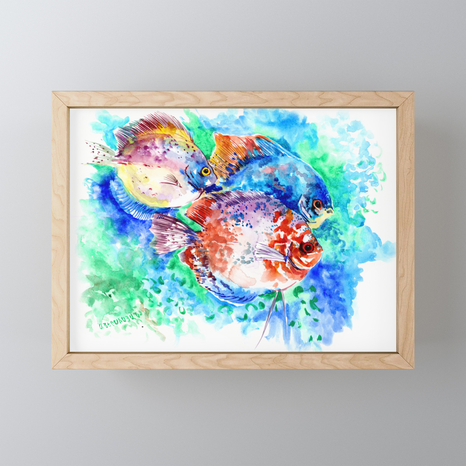 Underwater Scene Artwork Discus Fish Turquoise Blue Pink Aquatic