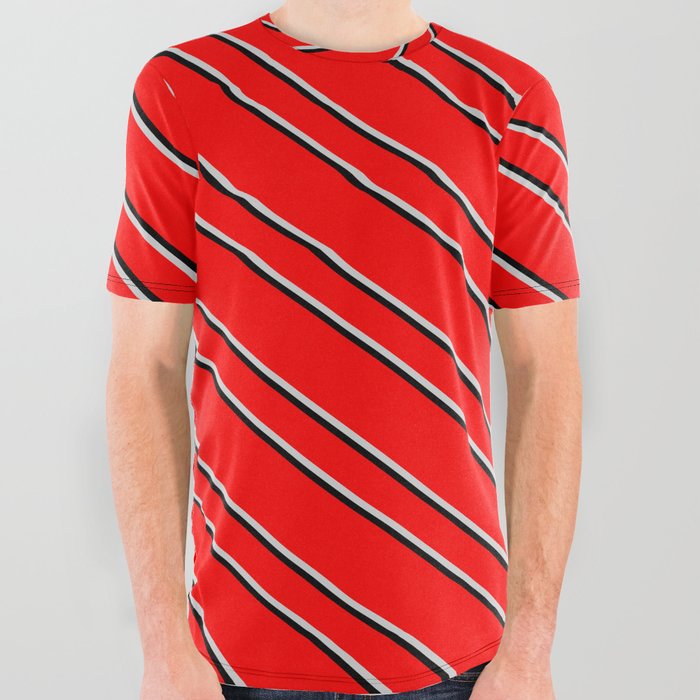 Red, Light Gray, and Black Colored Lined Pattern All Over Graphic Tee