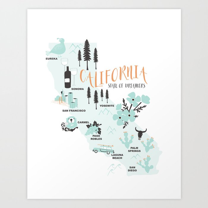 California Map Art Print By Willhouse1 Society6