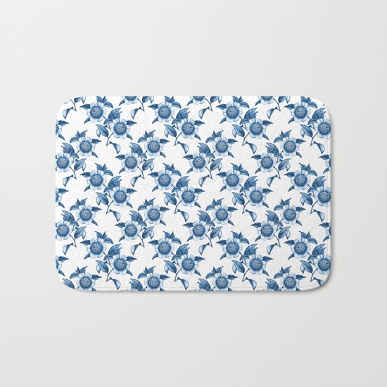 Blue Flowers Elegant Pattern Bath Mat