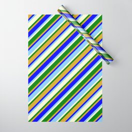 [ Thumbnail: Eyecatching Light Yellow, Green, Goldenrod, Blue, and Light Sky Blue Colored Striped Pattern Wrapping Paper ]