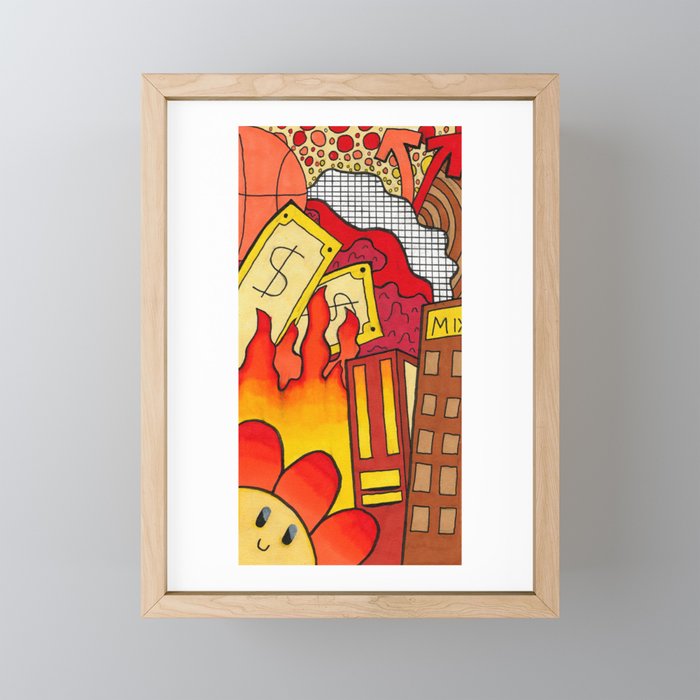 Fire Flower Doodle Framed Mini Art Print