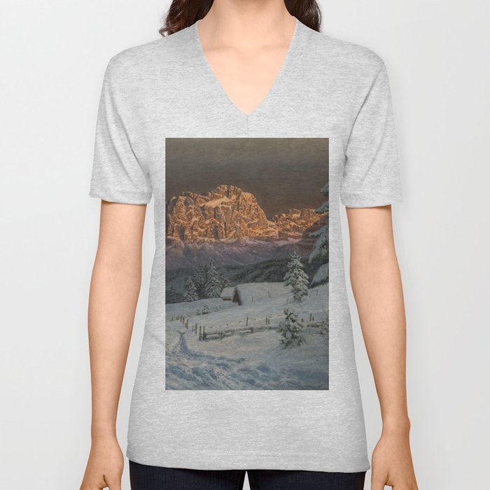 Winter Sunset After Snowfall in the Italian Alps landscape painting V Neck T Shirt