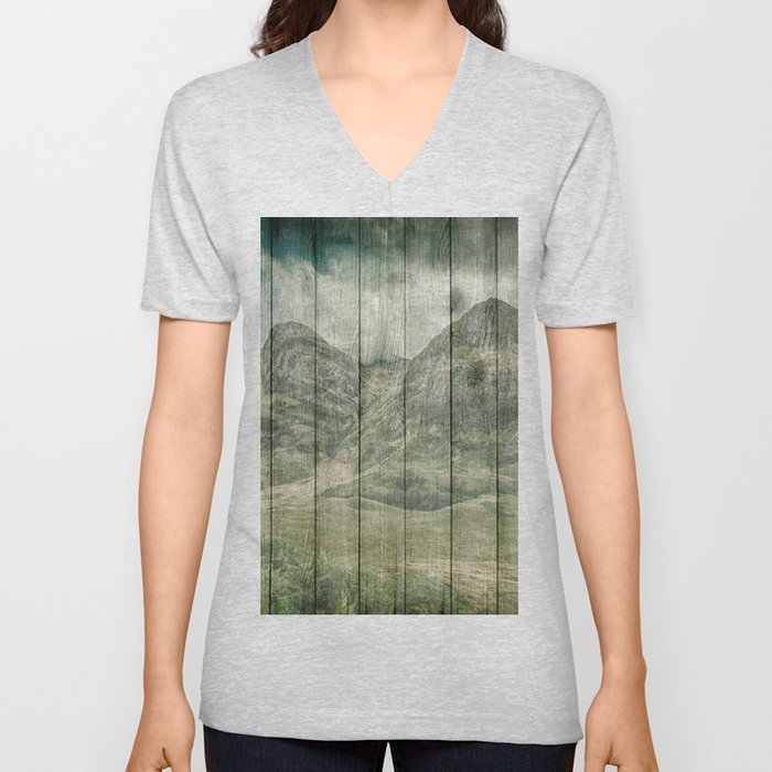 Rustic Country Wood Mountains Landscape V Neck T Shirt