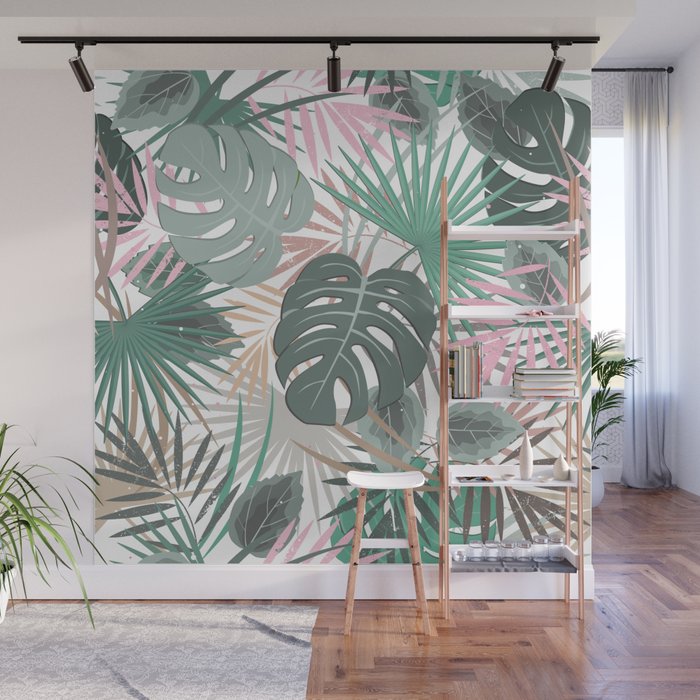 Floral Summer Pattern with Elegant Pastel Tropical Palm Leaves Wall Mural