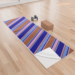 [ Thumbnail: Sienna, Plum, Dark Blue & Cornflower Blue Colored Lines/Stripes Pattern Yoga Towel ]