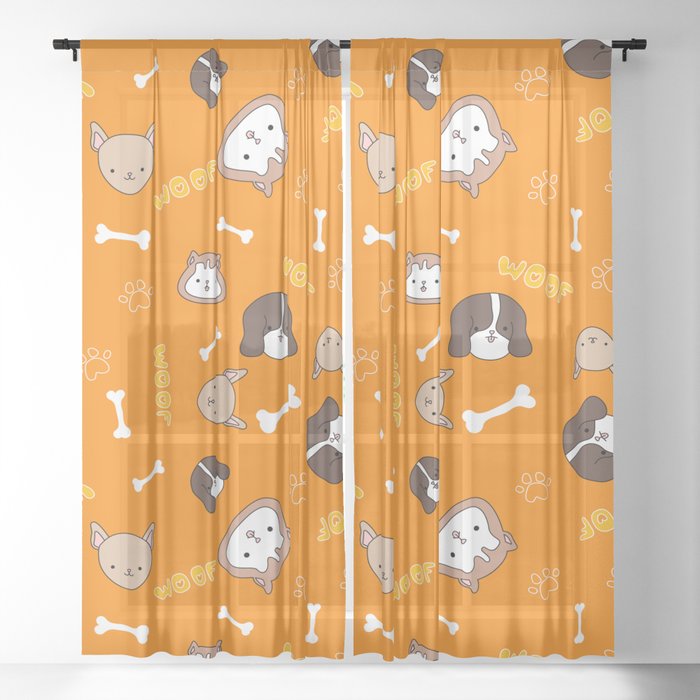 Orange pattern with cute, funny happy dogs. Paws print, bones, woof text and pets. Sheer Curtain