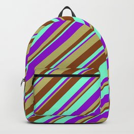 [ Thumbnail: Aquamarine, Dark Violet, Dark Khaki, and Brown Colored Stripes/Lines Pattern Backpack ]