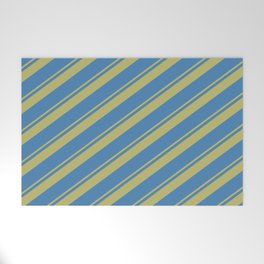 [ Thumbnail: Dark Khaki and Blue Colored Stripes Pattern Welcome Mat ]