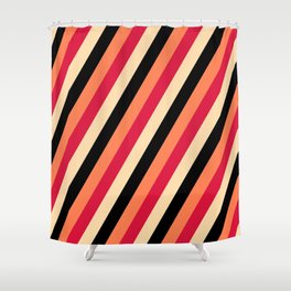[ Thumbnail: Crimson, Tan, Black, and Coral Colored Lines/Stripes Pattern Shower Curtain ]