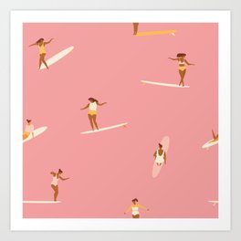 Surf girls in pink Art Print