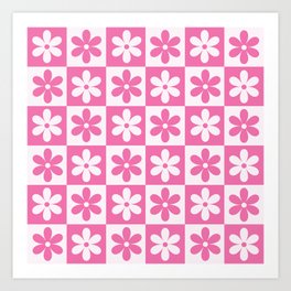 Hot pink and white checkered cute retro flower pattern Art Print