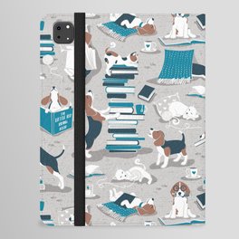Life is better with books a hot drink and a friend // grey background brown white and blue beagles and cats and turquoise cozy details iPad Folio Case