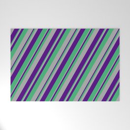 [ Thumbnail: Indigo, Sea Green & Dark Gray Colored Lined/Striped Pattern Welcome Mat ]