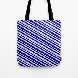 [ Thumbnail: Light Grey and Dark Blue Colored Lines Pattern Tote Bag ]