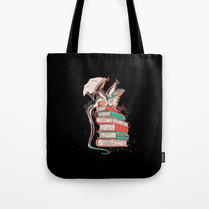 Dragon and books dragon sitting on a book pile Tote Bag
