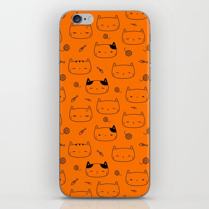Orange and Black Doodle Kitten Faces Pattern iPhone Skin