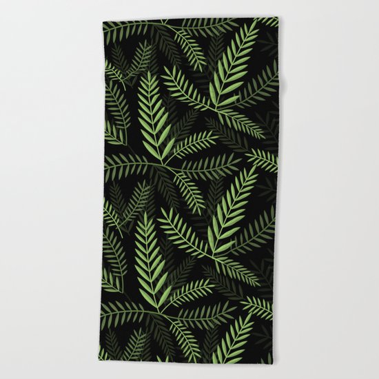 GREEN LEAVES ON BLACK Beach Towel