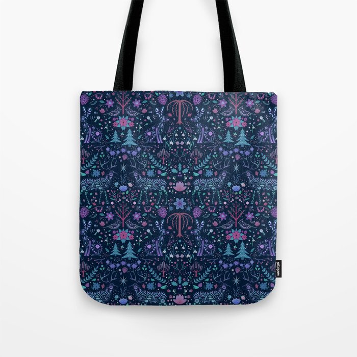 Magical Forest Floral Wildlife Cross Stitch Tote Bag