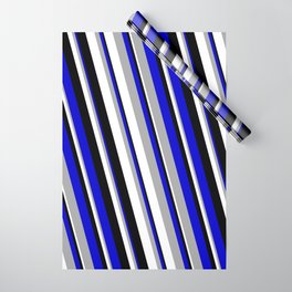 [ Thumbnail: Blue, Dark Grey, White, and Black Colored Stripes/Lines Pattern Wrapping Paper ]