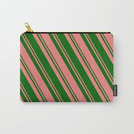 [ Thumbnail: Light Coral and Dark Green Colored Lines Pattern Carry-All Pouch ]