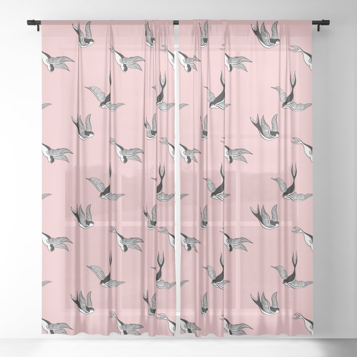 Swallows tattoo - pink Sheer Curtain