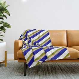 [ Thumbnail: Green, Tan, Dark Blue, and White Colored Stripes/Lines Pattern Throw Blanket ]