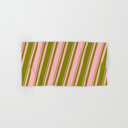[ Thumbnail: Green and Light Pink Colored Striped Pattern Hand & Bath Towel ]