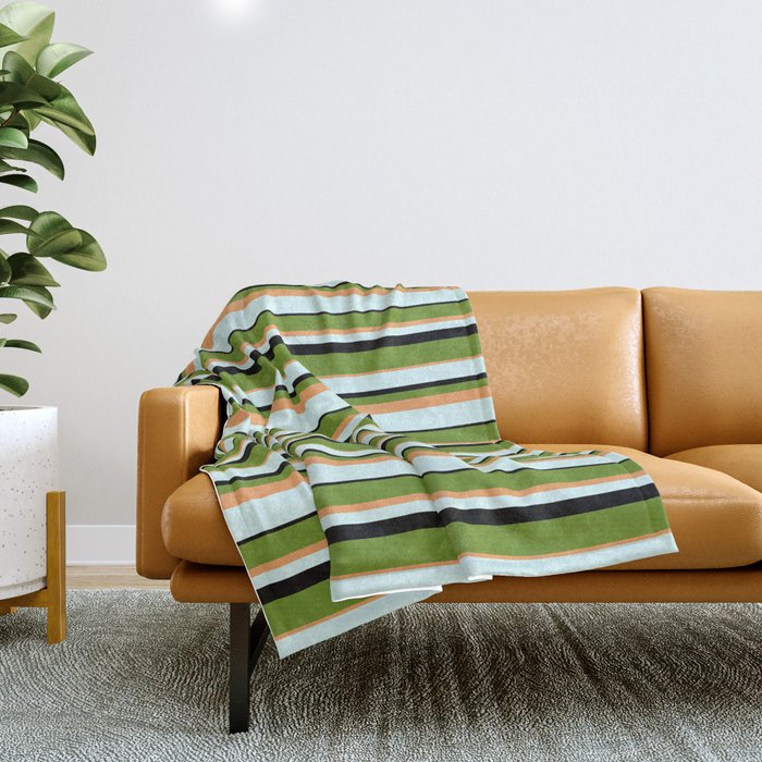 Green, Brown, Light Cyan, and Black Colored Stripes/Lines Pattern Throw Blanket