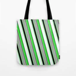 [ Thumbnail: Dark Gray, Lime, Mint Cream & Black Colored Stripes/Lines Pattern Tote Bag ]
