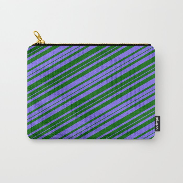 Medium Slate Blue and Dark Green Colored Striped Pattern Carry-All Pouch