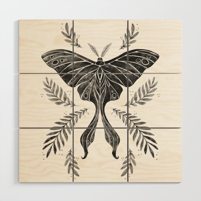 Watercolor Luna Moth in Black and White Wood Wall Art