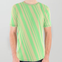 [ Thumbnail: Green and Pale Goldenrod Colored Lines/Stripes Pattern All Over Graphic Tee ]