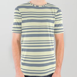 [ Thumbnail: Light Slate Gray & Light Yellow Colored Lined Pattern All Over Graphic Tee ]