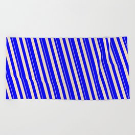 [ Thumbnail: Tan & Blue Colored Stripes/Lines Pattern Beach Towel ]