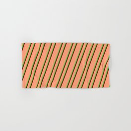 [ Thumbnail: Light Salmon, Lime Green, and Maroon Colored Lines/Stripes Pattern Hand & Bath Towel ]