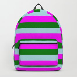 [ Thumbnail: Fuchsia, Green, and Powder Blue Colored Lines/Stripes Pattern Backpack ]