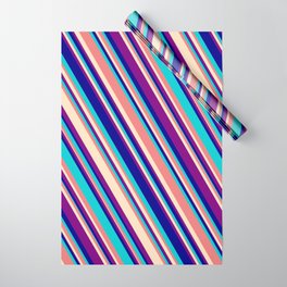 [ Thumbnail: Light Coral, Bisque, Purple, Dark Blue, and Dark Turquoise Colored Lined/Striped Pattern Wrapping Paper ]