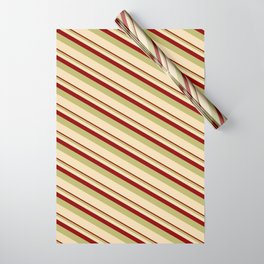 [ Thumbnail: Dark Red, Dark Khaki & Tan Colored Stripes Pattern Wrapping Paper ]