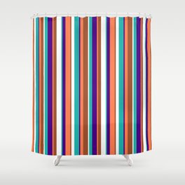 [ Thumbnail: Indigo, Coral, Sienna, White & Light Sea Green Colored Pattern of Stripes Shower Curtain ]