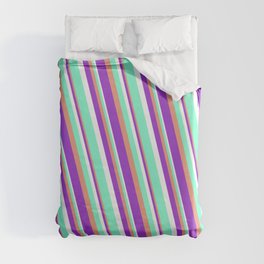 [ Thumbnail: Dark Salmon, Dark Orchid, White, and Aquamarine Colored Striped Pattern Duvet Cover ]