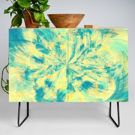 Teal and Yellow Tie Dye Splash Abstract Artwork  Credenza
