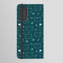 Teal Blue and White Doodle Kitten Faces Pattern Android Wallet Case